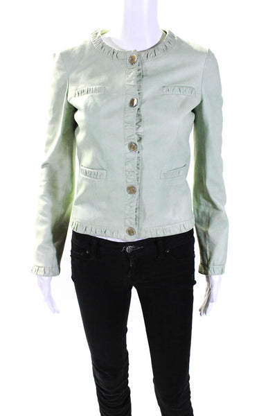 Chanel Womens Button Front Crew Neck Leather Jacket Green Size FR 34 05P