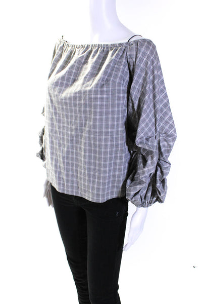 Guest Editor Womens Gray Plaid Off Shoulder Puff Long Sleeve Blouse Top Size S