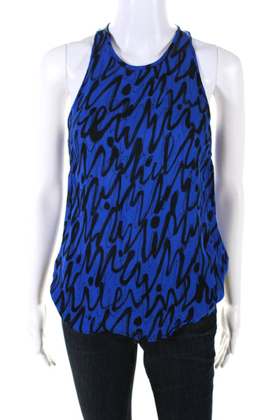 Milly Womens Sleeveless Crew Neck Silk Scribble Top Blouse Blue Black Size 2