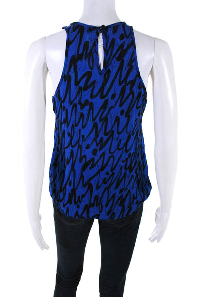 Milly Womens Sleeveless Crew Neck Silk Scribble Top Blouse Blue Black Size 2