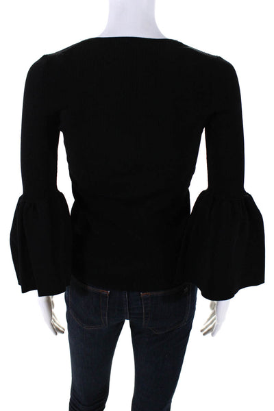 Elizabeth and James Womens Ribbed Bell Sleeves Crew Neck Sweater Black Size Smal