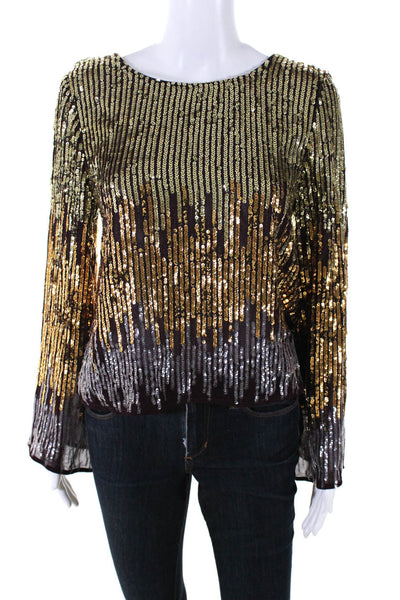 Rixo Womens Sequined Long Sleeves Pullover Blouse Purple Gold Size Small