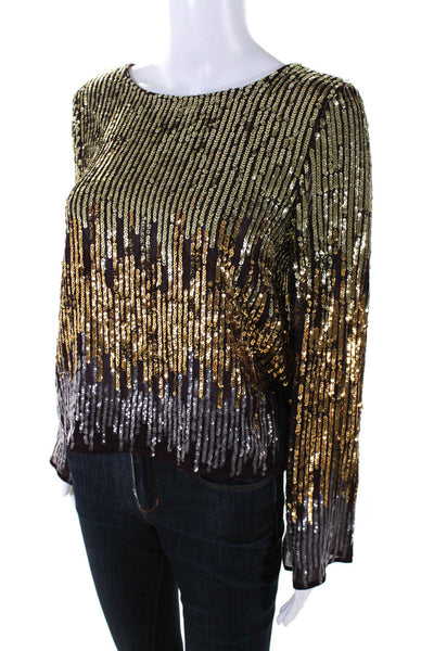 Rixo Womens Sequined Long Sleeves Pullover Blouse Purple Gold Size Small