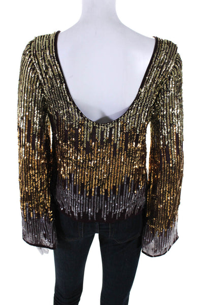 Rixo Womens Sequined Long Sleeves Pullover Blouse Purple Gold Size Small