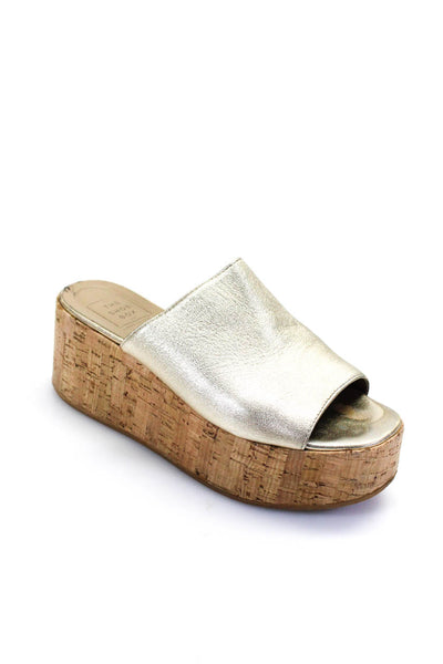 The Shoe Box Womens Leather Slide On Platform Cork Wedge Sandals Gold Size 10