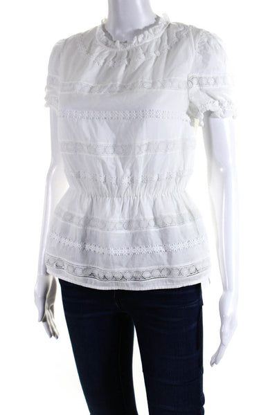 J Crew Womens Cotton Knit Floral Short Sleeve Peplum Blouse Top White Size 2XS