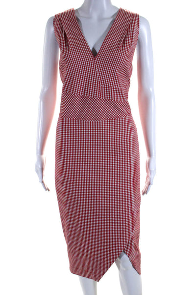 Altuzarra Womens Gingham V Neck Slit Sleeveless Sheath Dress Red White Size 8