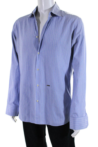 Dsquared2 Mens Cotton Striped Print Long Sleeve Button Down Shirt Blue Size 52