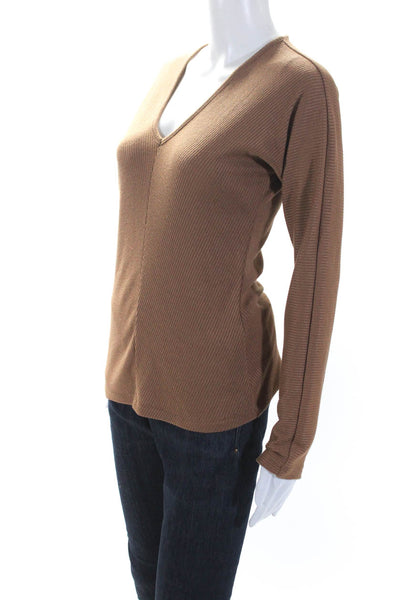 Rag & Bone Womens Ribbed Knit V-Neck Long Sleeve Top T-Shirt Brown Size M