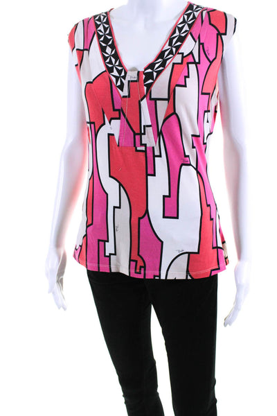 Emilio Pucci Womens Abstract Sleeveless V Neck Top Blouse Beige Pink Size 10