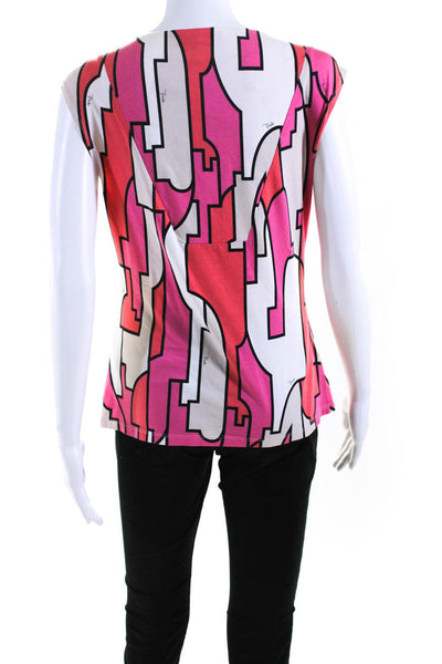 Emilio Pucci Womens Abstract Sleeveless V Neck Top Blouse Beige Pink Size 10