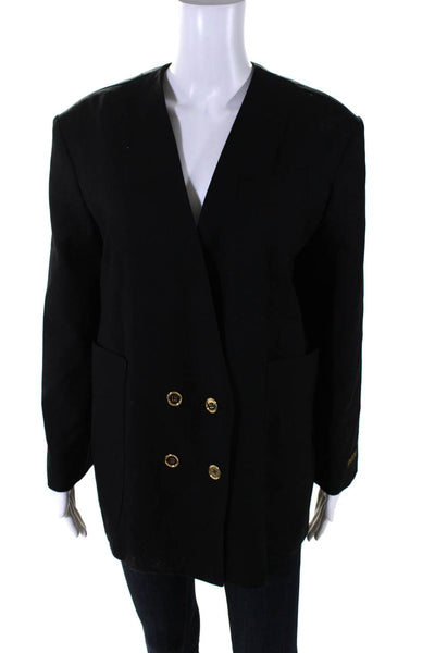 Patou Womens Wool V-Neck Double Breasted Button Up Blazer Jacket Black Size 44