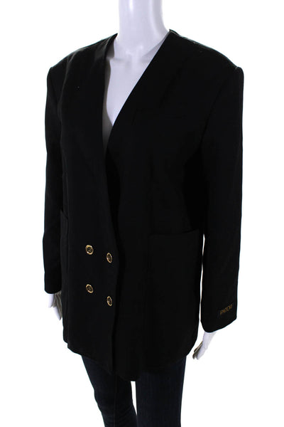 Patou Womens Wool V-Neck Double Breasted Button Up Blazer Jacket Black Size 44