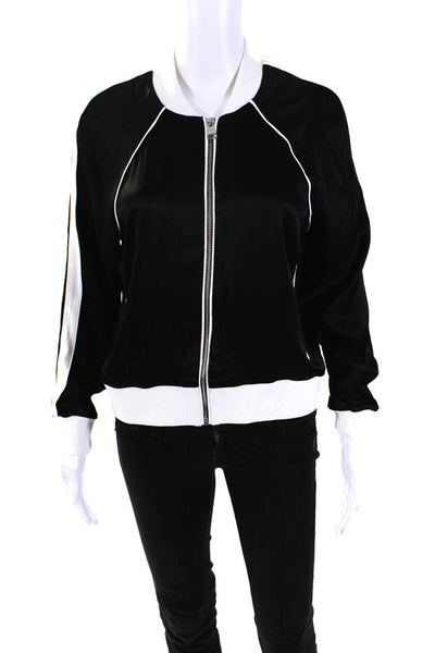 Good American Womens Satin Full Zip Short Bomber Jacket Black White Size 1