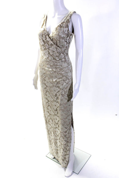 Lauren Ralph Lauren Womens V Neck Lace Overlay Side Slit Dress Brown Size 6