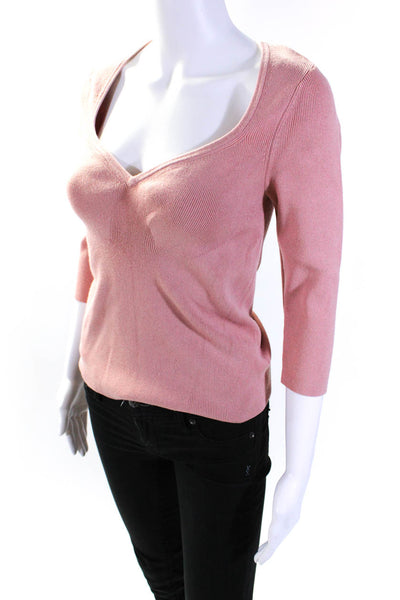 Maeve Anthropologie Womens 3/4 Sleeve V Neck Ribbed Sweatshirt Pink Size Small