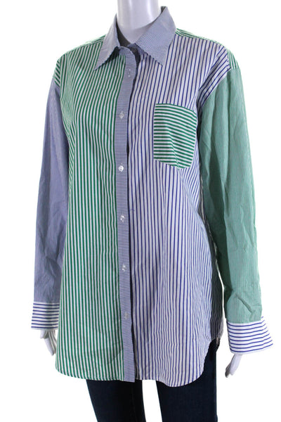 Solid & Striped Womens Cotton Striped Button Down Blouse Blue Green Size XS