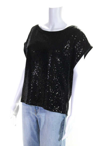 Drew Womens Sequined Round Neck Short Sleeve Pullover Blouse Top Black Size S