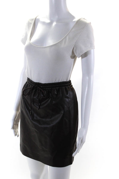 Theory Women's Elastic Drawstring Waist Faux Leather Mini Skirt Brown Size L