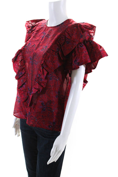 Les Coyotes De Paris Women's Round Neck Ruffle Cap Sleeves Floral Blouse Size 38