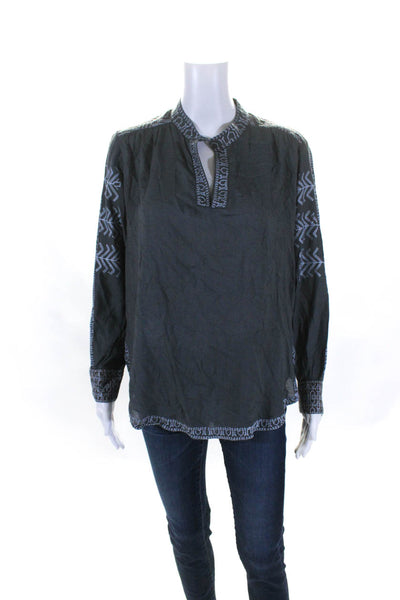 Gretchen Scott Women's Round Neck Long Sleeves Embroidered Blouse Gray Size M