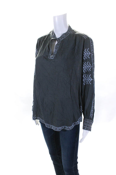 Gretchen Scott Women's Round Neck Long Sleeves Embroidered Blouse Gray Size M