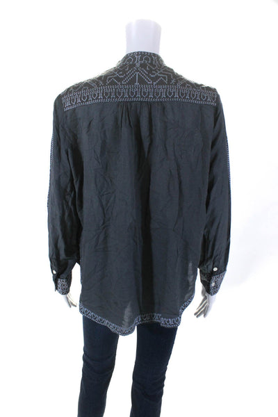 Gretchen Scott Women's Round Neck Long Sleeves Embroidered Blouse Gray Size M