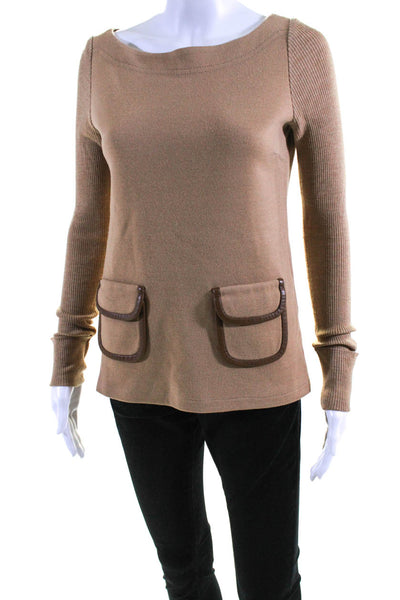 Tory Burch Womens Ribbed Sleeve Boat Neck Sweater Beige Size Extra Small