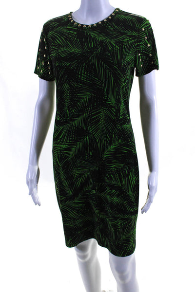 Michael Michael Kors Womens Studded Fern Print Sheath Dress Black Green Small