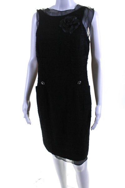 Chanel Womens 06P 3D Camellia Sleeveless Tweed Midi Sheath Dress Black FR 42