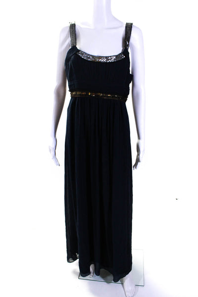 BCBGMAXAZRIA Womens Navy Silk Embellished Sleeveless Gown Dress Size 12