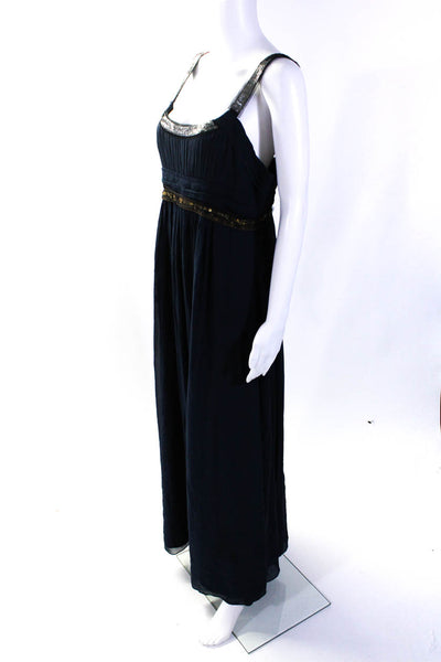 BCBGMAXAZRIA Womens Navy Silk Embellished Sleeveless Gown Dress Size 12