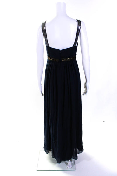 BCBGMAXAZRIA Womens Navy Silk Embellished Sleeveless Gown Dress Size 12