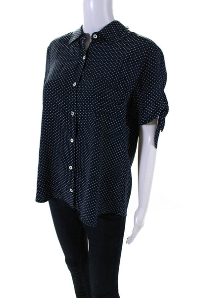 Steven Alan Womens Blue Printed Silk Short Sleeve Button Down Blouse Top Size L