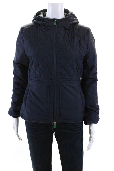 Save The Duck Womens Quilted Full Zipper Hooded Jacket Navy Blue Size Small