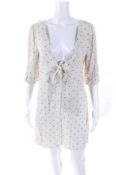 Free People Womens Polka Dot Scoop Neck Tie Short Sleeve Mini Dress Beige Size 8