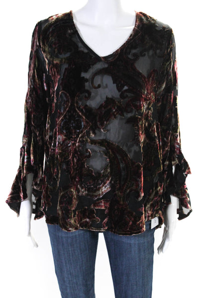 Fifteen Twenty Womens Paisley Print V Neck Blouse Black Red Size Small