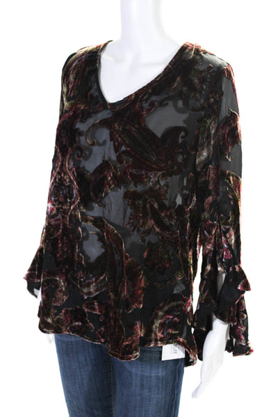 Fifteen Twenty Womens Paisley Print V Neck Blouse Black Red Size Small