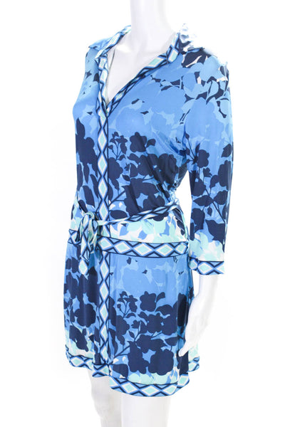 BCBG Max Azria Womens Floral Print Long Sleeves Belted Dress Blue Size Medium