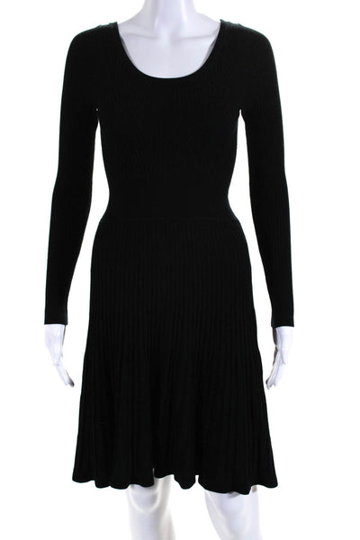 Rebecca Taylor Womens Stretch Ribbed Long Sleeve Fit + Flare Dress Black Size S