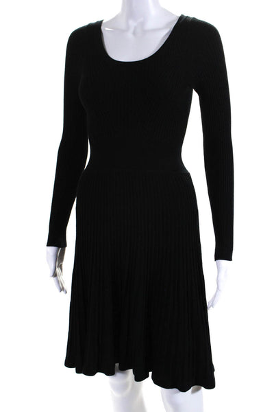 Rebecca Taylor Womens Stretch Ribbed Long Sleeve Fit + Flare Dress Black Size S