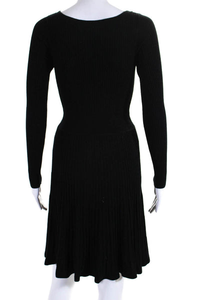 Rebecca Taylor Womens Stretch Ribbed Long Sleeve Fit + Flare Dress Black Size S