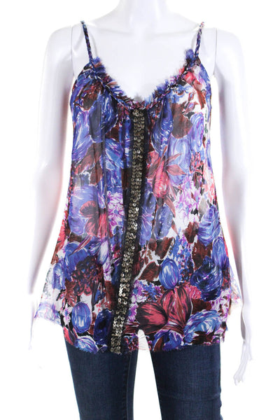 Rebecca Beeson Womens Silk Crepe Floral Sequin V-Neck Tank Top Purple Size S