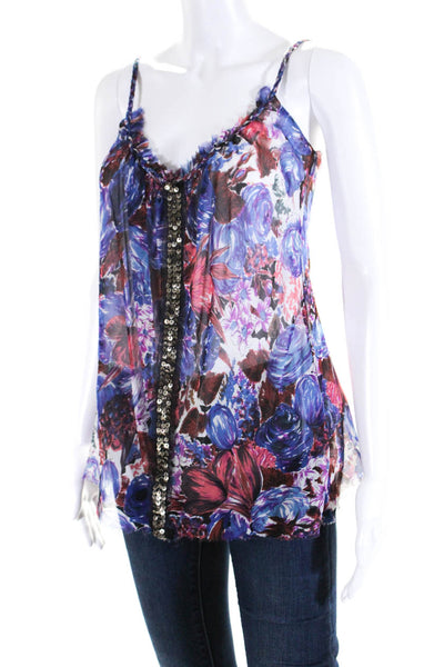 Rebecca Beeson Womens Silk Crepe Floral Sequin V-Neck Tank Top Purple Size S