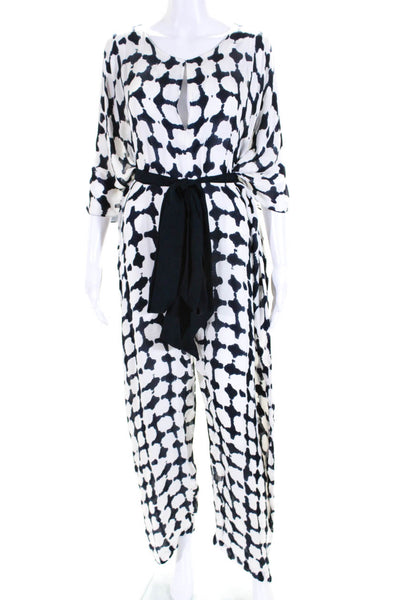 VMT Womens Crepe Abstract Printed V-Neck Belted Draped Jumpsuit White Size M