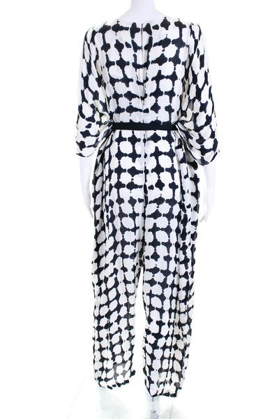 VMT Womens Crepe Abstract Printed V-Neck Belted Draped Jumpsuit White Size M