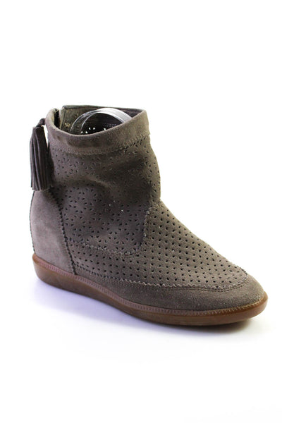 Isabel Marant Womens Perforated Suede Zip Up Tassel Wedge Boots Gray Size 39 9