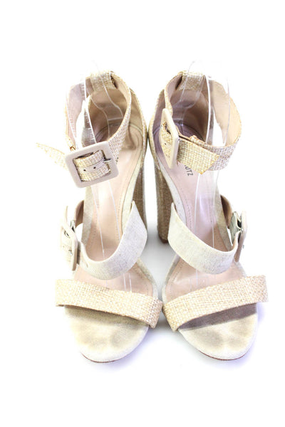 Schutz Women's Open Toe Strappy Block Heels Buckle Sandals Beige Size 6