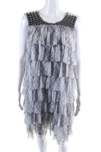 Thomas Wylde Womens Printed Tiered Chiffon Studded Suede Dress Gray Size Small