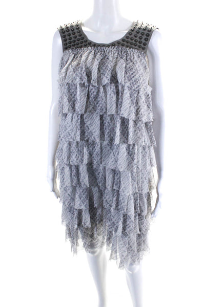 Thomas Wylde Womens Printed Tiered Chiffon Studded Suede Dress Gray Size Small